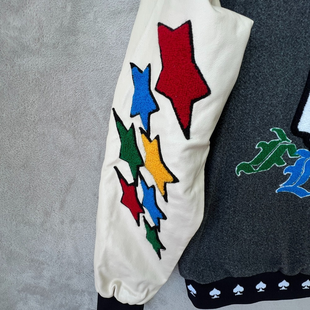 Boohoo MAN Letterman Varsity Bomber Patch Jacket Playing Cards Spade Medium - Picture 4 of 14